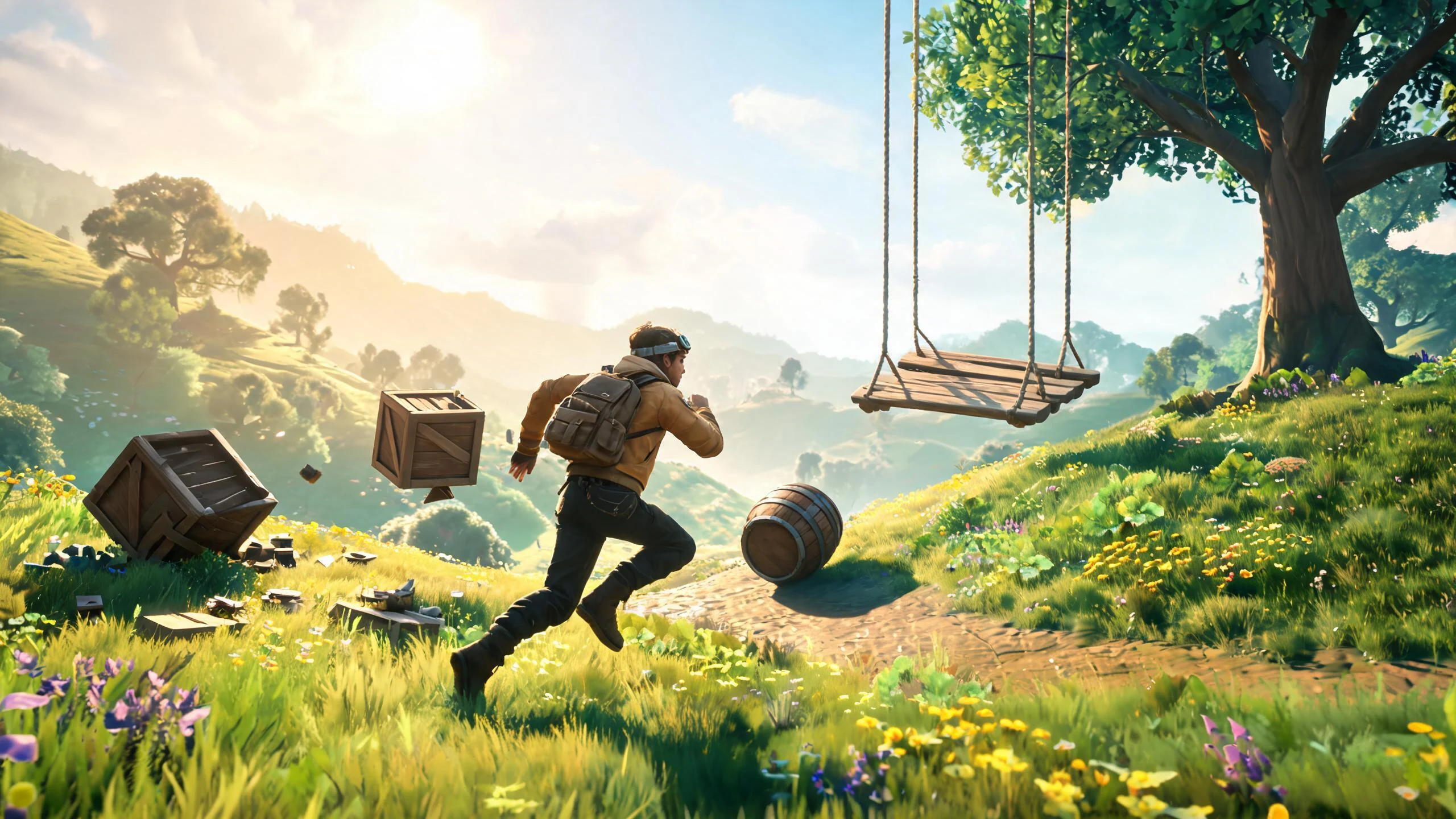 Third-person character running through a 3D natural world while crates and a barrel move as physics objects