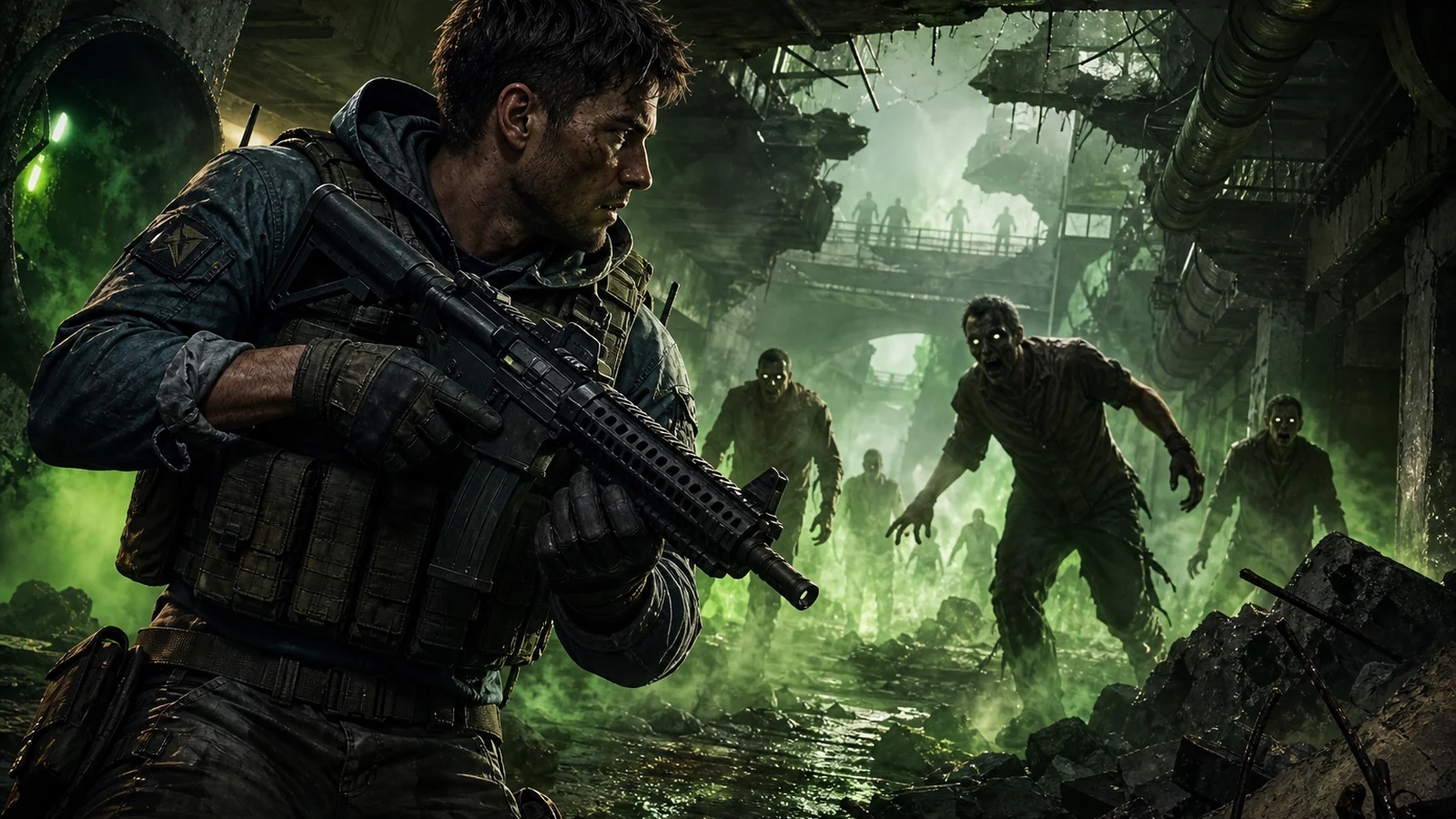 First-person survivor facing zombies in an outdoor decay zone