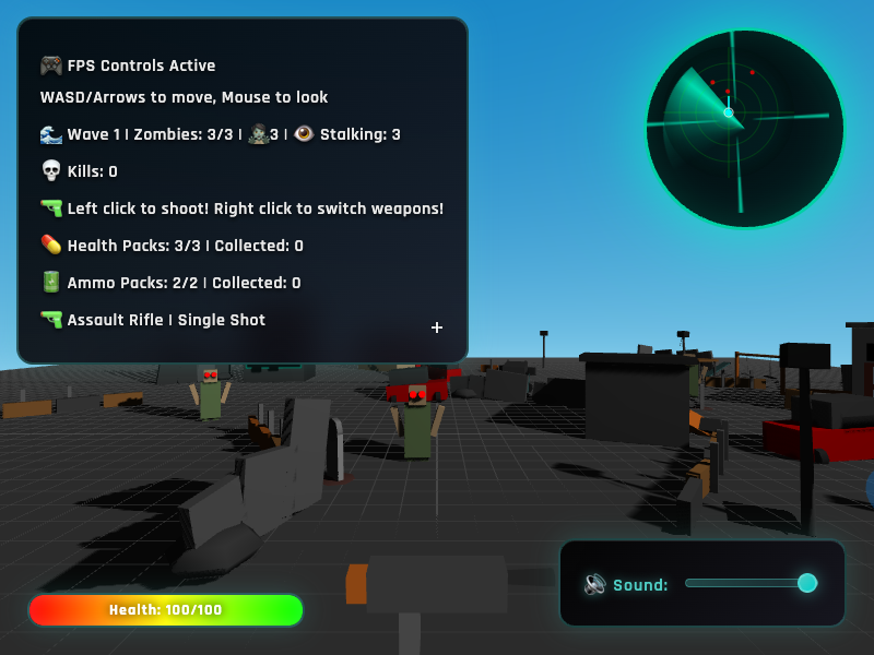 Authentic browser gameplay capture showing a first-person weapon, outdoor zombies, crosshair, radar, health bar, ammo packs, and wave status