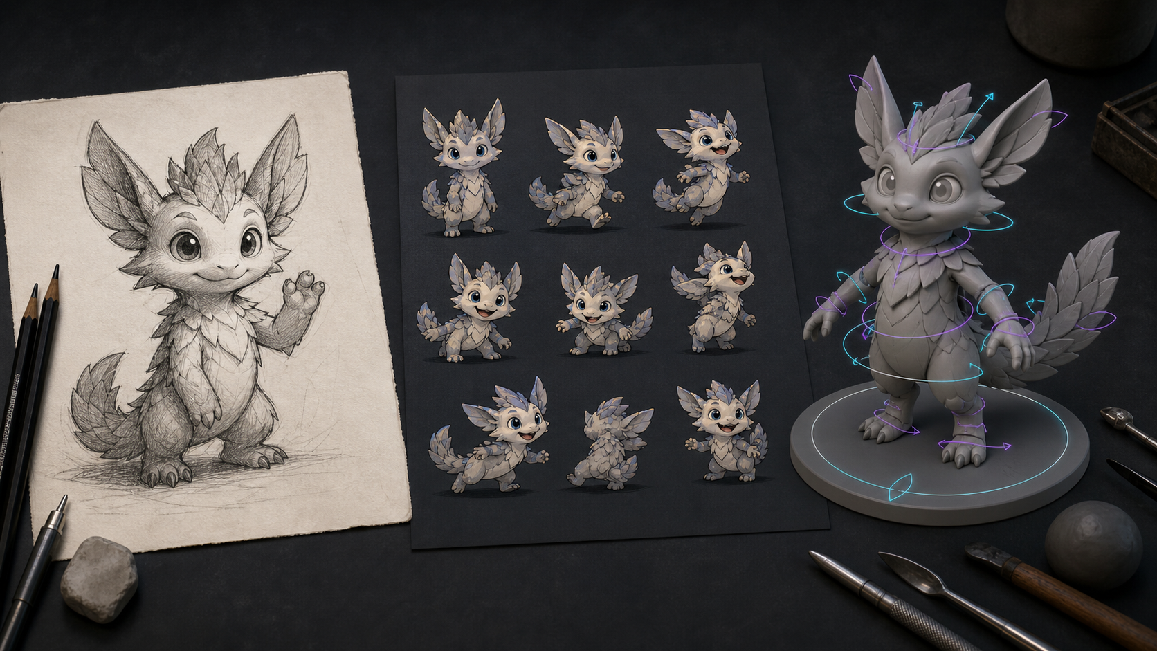 One original creature appears as a pencil character drawing, a set of consistent 2D motion poses, and a rigged 3D maquette.