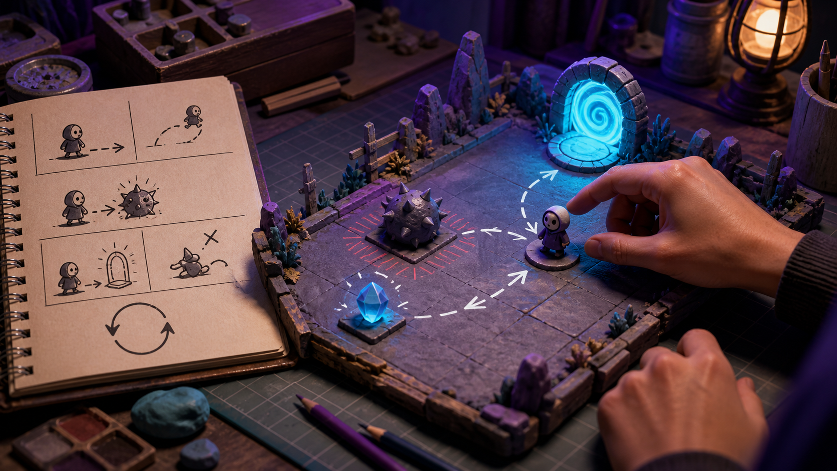 A creator tests a miniature character, obstacle, collectible, finish portal, and restart loop beside a sketchbook of rule symbols.