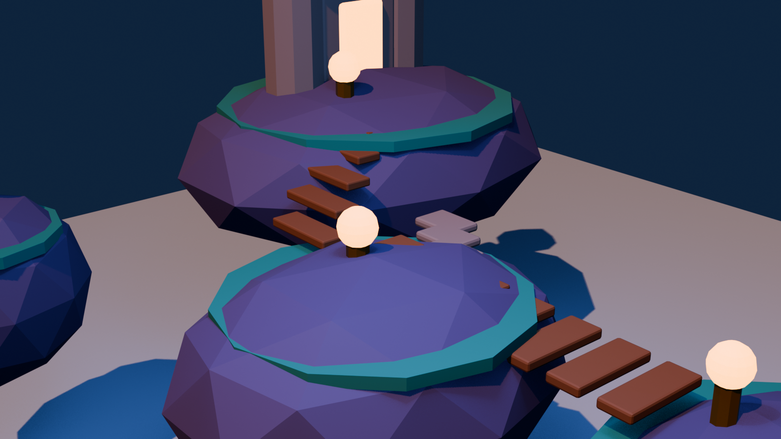 Alternate elevated view of bridges, route beacons, and islands in a generated fantasy blockout