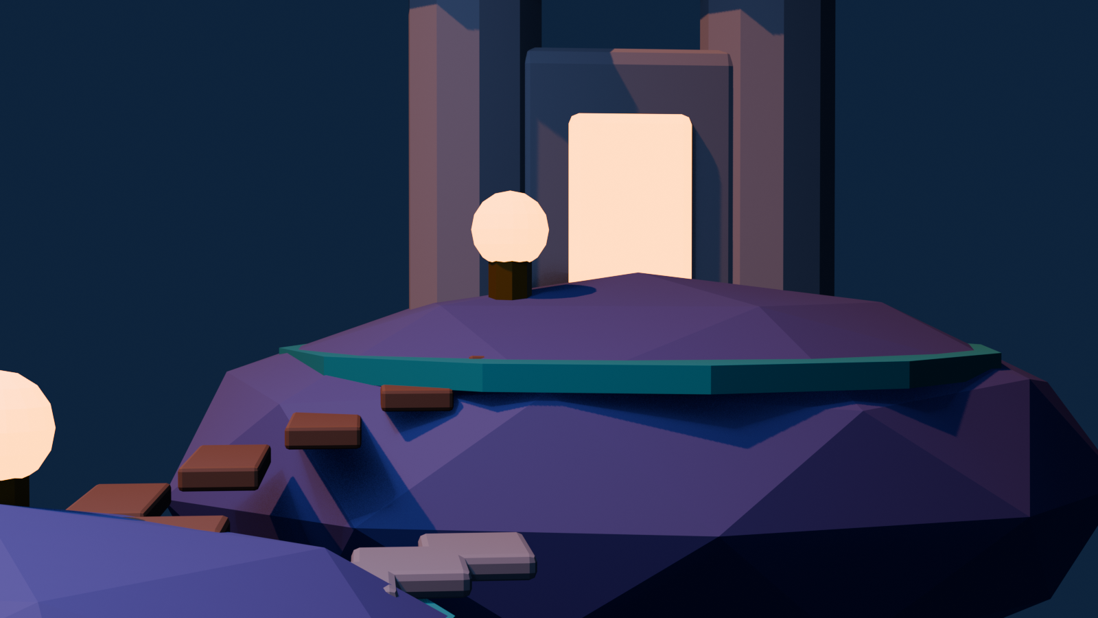Player-height view along a generated floating-island path toward the glowing goal gate