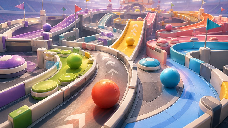 Physical in-world kit representing ball silhouettes, ramps, and collision lanes, arranged coherently in the same visual direction