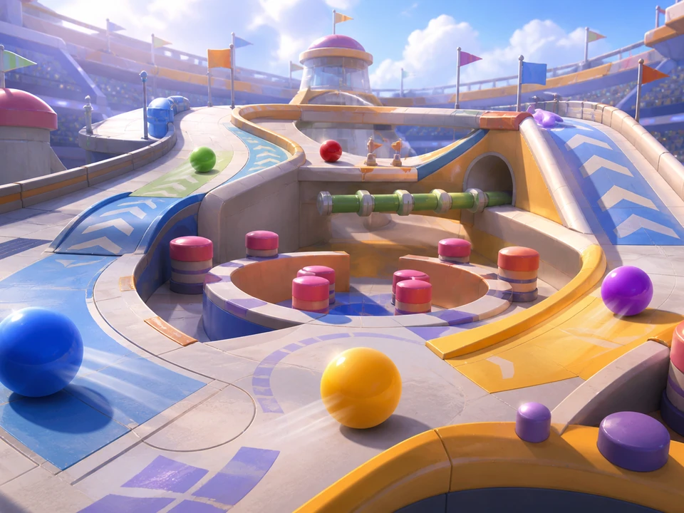 Wide three-quarter 3D gameplay scene of ball silhouettes, ramps, and collision lanes in a coherent bright stylized arena with rolling colored spheres, ramps, bumpers, flags, and soft stadium light world, no interface