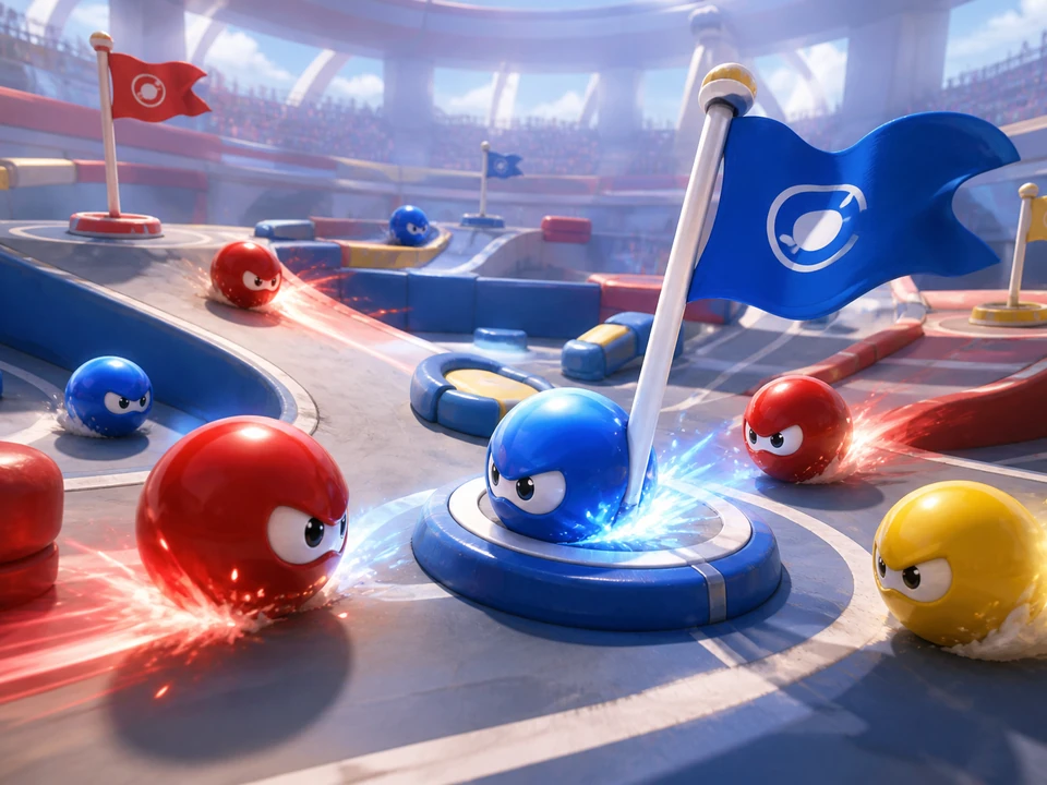 Action moment showing arena pressure and contested flags resolving clearly in the same bright stylized arena with rolling colored spheres, ramps, bumpers, flags, and soft stadium light world, no text