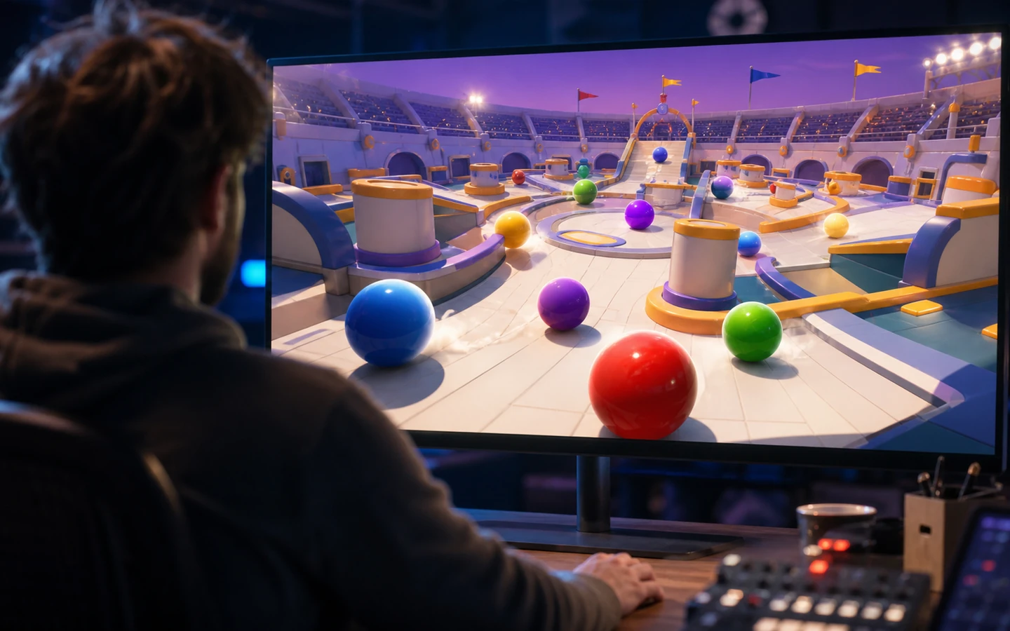 Over-the-shoulder developer reviewing the original Unity Battle of Balls Game scene on a large monitor, controls abstract and unreadable