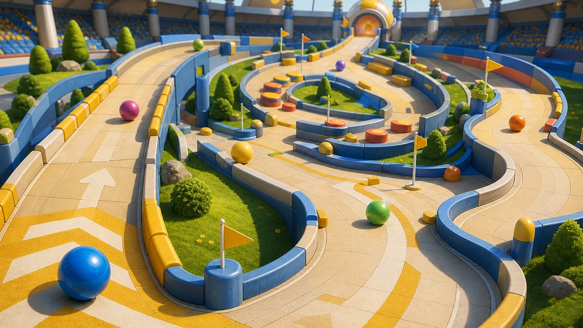 Clear playable layout showing ball silhouettes, ramps, and collision lanes with readable spacing, camera, and route in the same world