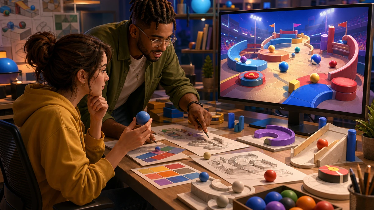Two game creators reviewing physical design references and the original Unity Battle of Balls Game scene on a monitor, no readable labels