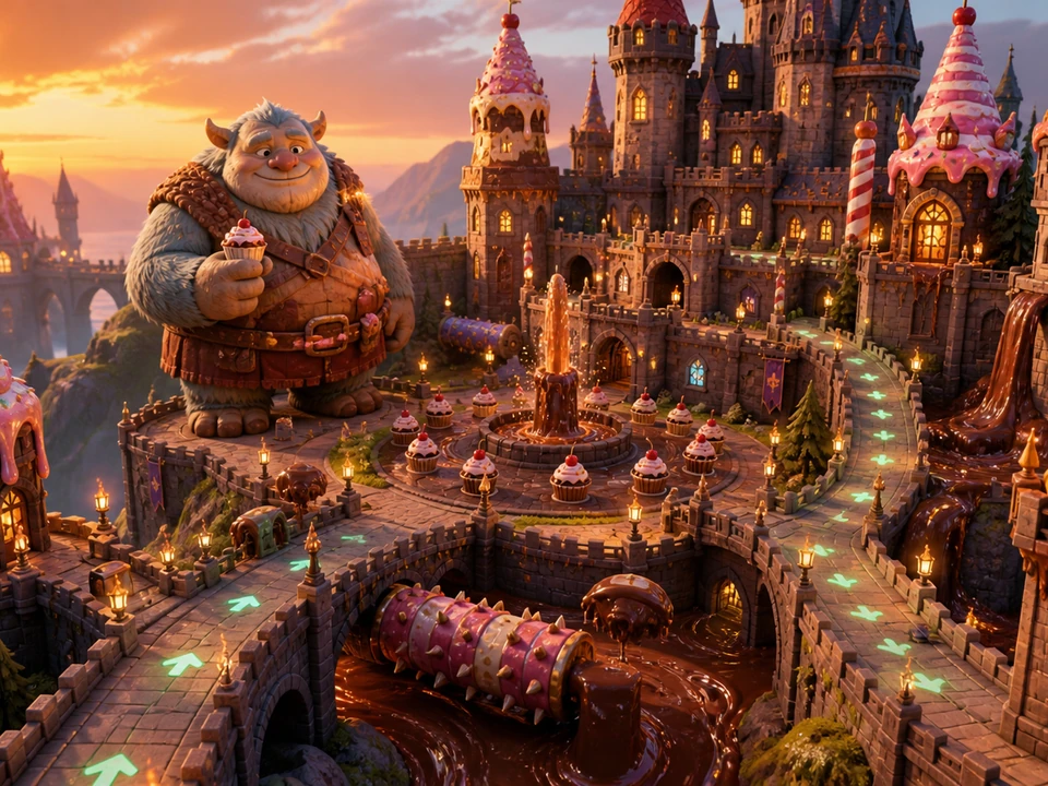 Wide three-quarter 3D gameplay scene of castle landmarks, edible targets, and safe routes in a coherent whimsical gothic castle with a friendly giant creature, edible towers, courtyard hazards, and warm sunset world, no interface