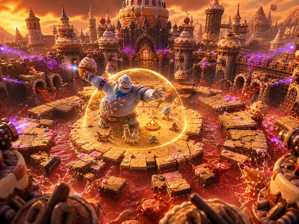 Action moment showing castle defenses and shrinking safe space resolving clearly in the same whimsical gothic castle with a friendly giant creature, edible towers, courtyard hazards, and warm sunset world, no text