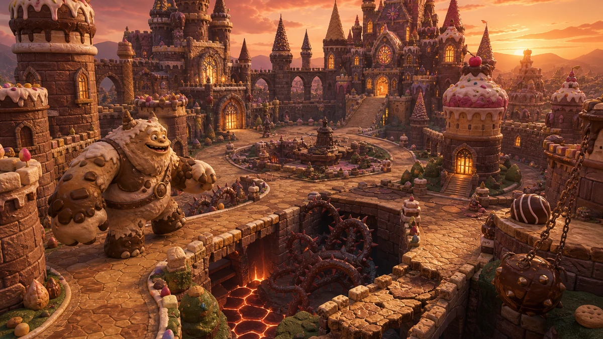 Clear playable layout showing castle landmarks, edible targets, and safe routes with readable spacing, camera, and route in the same world