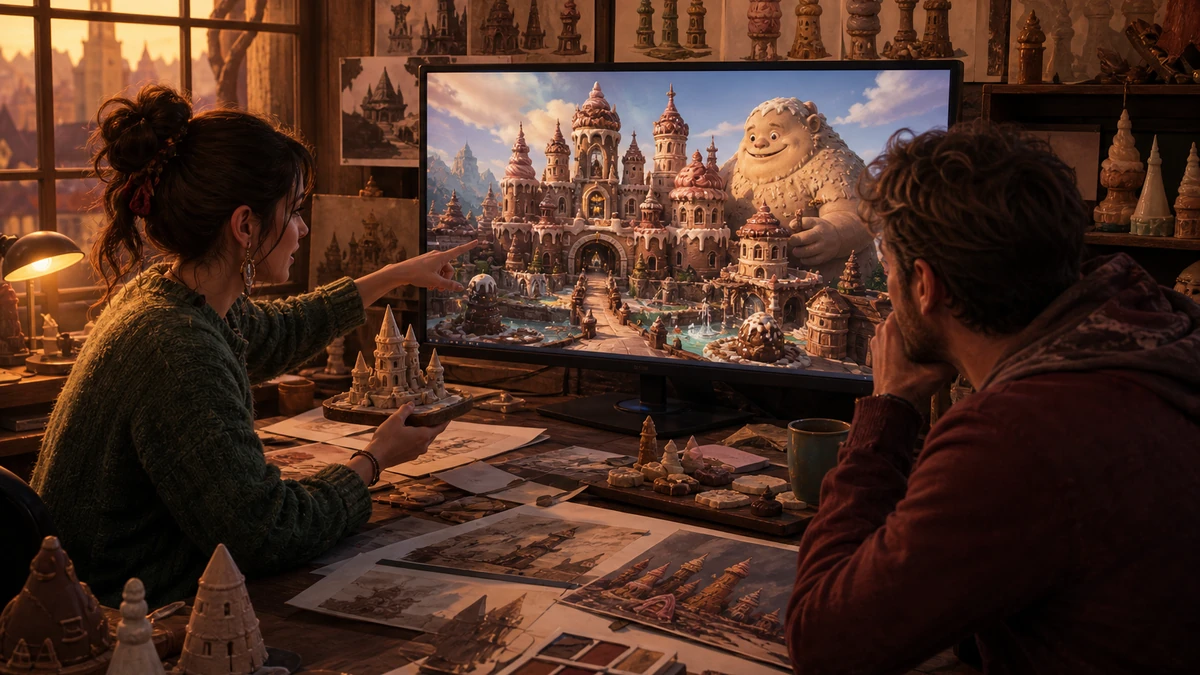 Two game creators reviewing physical design references and the original Unity Castle Devour Quest scene on a monitor, no readable labels