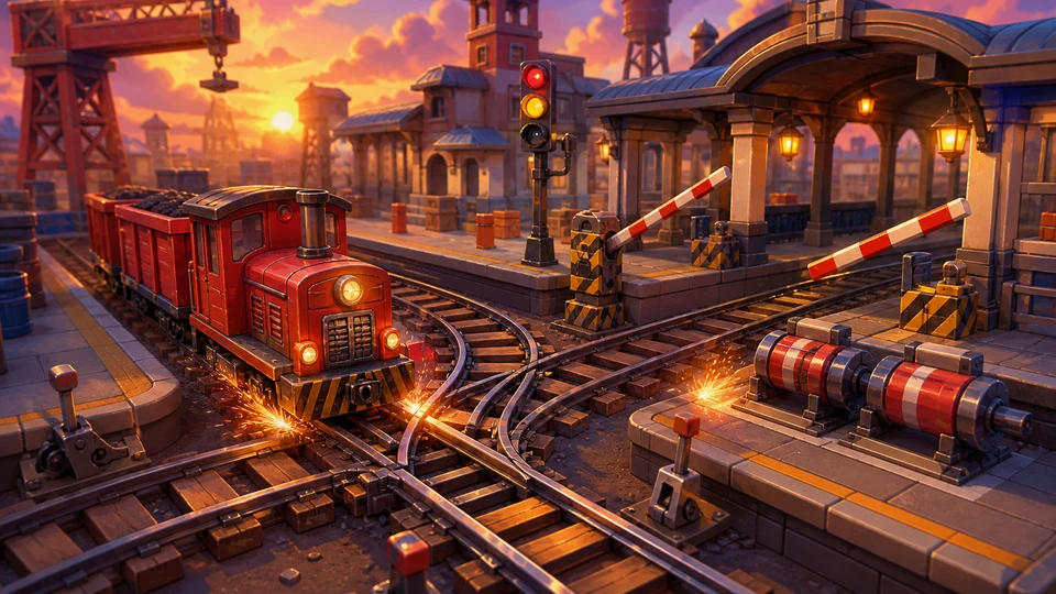 Physical in-world kit representing train, switch tracks, station gates, and collision hazards, arranged coherently in the same visual direction