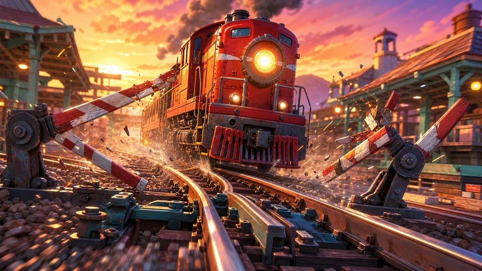 Close action view showing feedback from oncoming rail traffic, collapsing barriers, and switch timing with material and motion detail