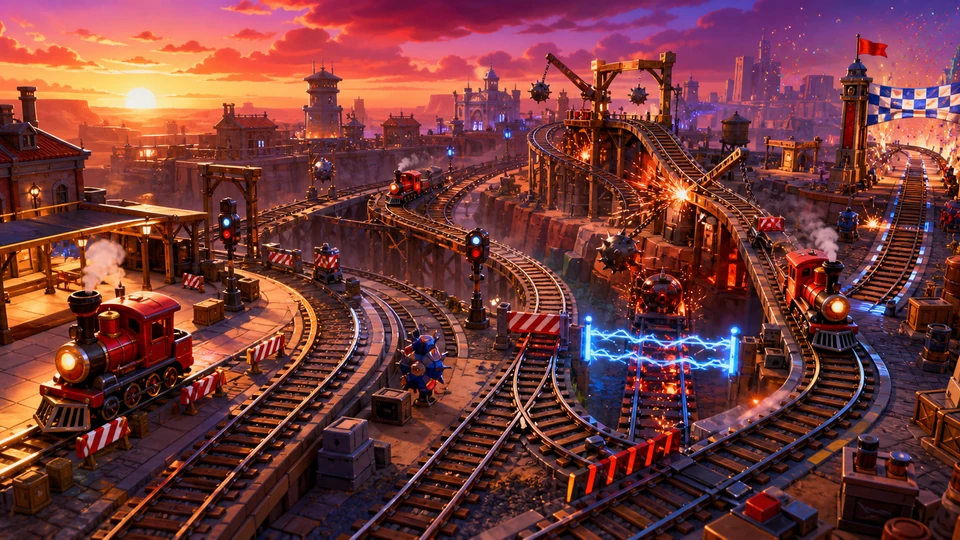 Wide final scene showing start, escalation, route choices, and finish for the Unity Chaos Train Arcade prototype