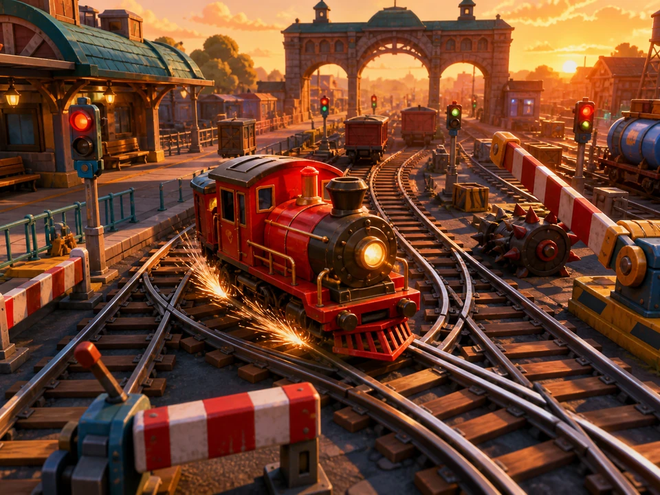 Wide three-quarter 3D gameplay scene of train, switch tracks, station gates, and collision hazards in a coherent bright stylized rail-yard arcade with a compact red locomotive, switch tracks, barriers, station platforms, sparks, and saturated sunset light world, no interface