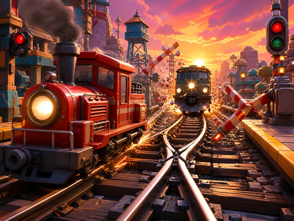 Action moment showing oncoming rail traffic, collapsing barriers, and switch timing resolving clearly in the same bright stylized rail-yard arcade with a compact red locomotive, switch tracks, barriers, station platforms, sparks, and saturated sunset light world, no text