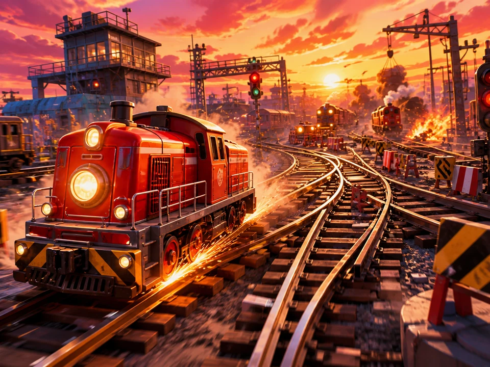 Hero moment where train speed, route intersections, and hazard density escalates around the player in the same coherent world, no HUD