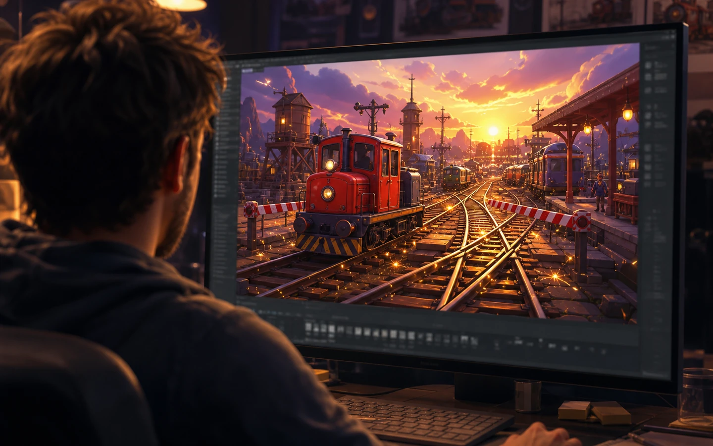 Over-the-shoulder game creator reviewing the original Unity Chaos Train Arcade scene in a professional game workspace on a large monitor, scene viewport dominant, tool controls abstract and unreadable