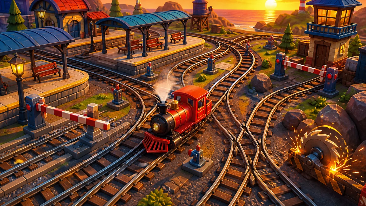 Clear playable layout showing train, switch tracks, station gates, and collision hazards with readable spacing, camera, and route in the same world