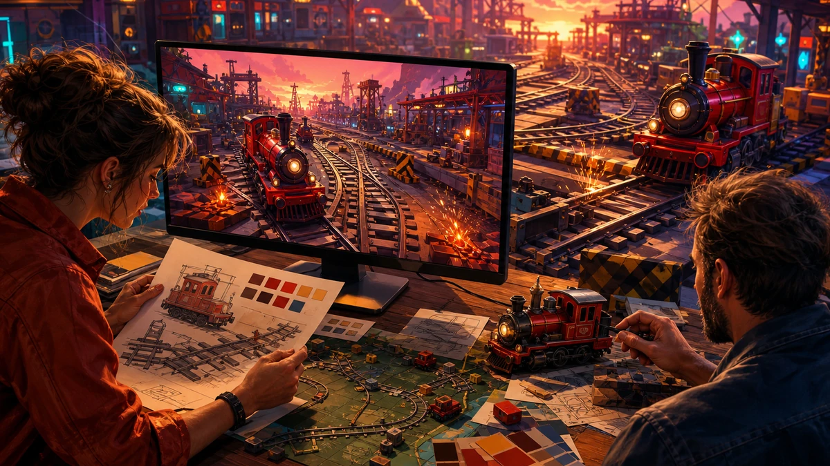 Two game creators reviewing physical design references and the original Unity Chaos Train Arcade scene on a monitor, no readable labels
