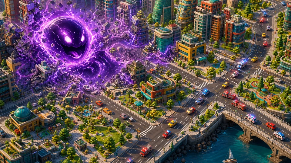 Physical in-world kit representing growing singularity, edible buildings, roads, and escape lanes, arranged coherently in the same visual direction