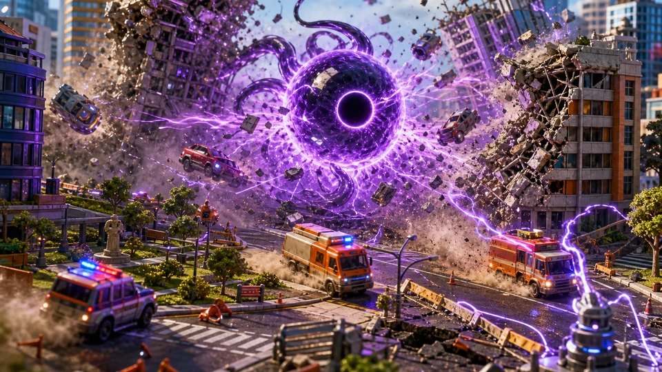 Close action view showing feedback from evacuation vehicles, defensive hazards, and collapsing structures with material and motion detail
