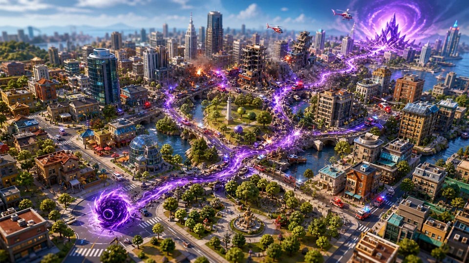 Wide final scene showing start, escalation, route choices, and finish for the Unity City Eater prototype
