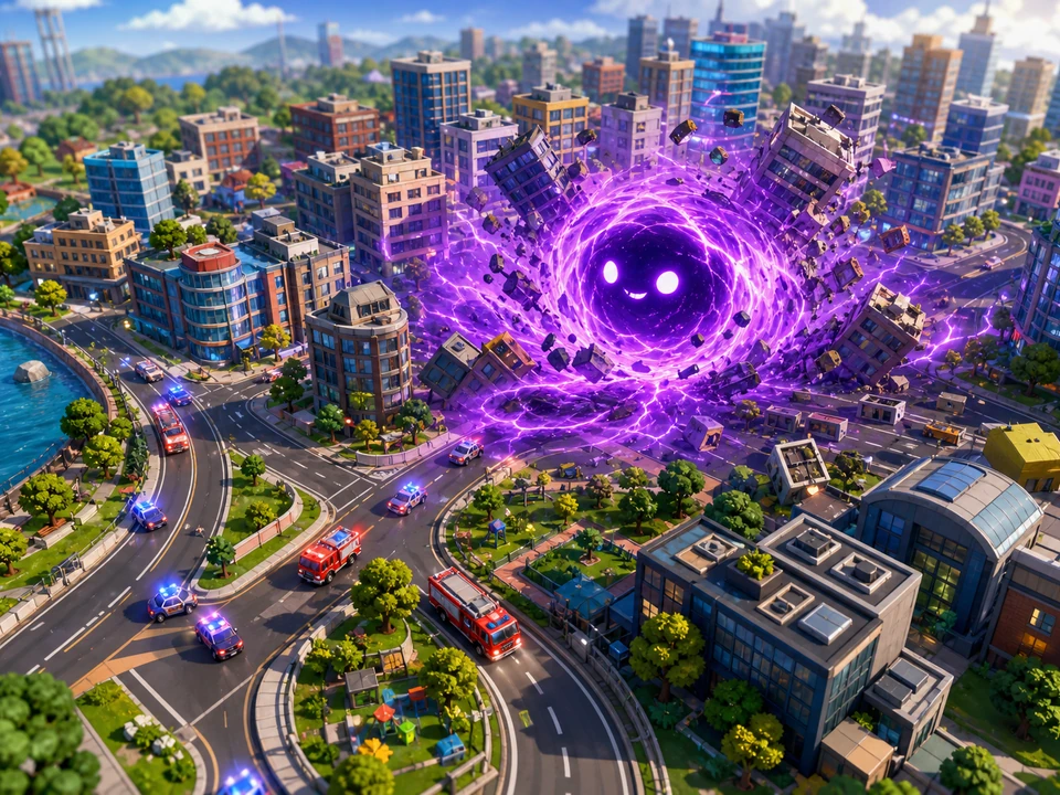 Wide three-quarter 3D gameplay scene of growing singularity, edible buildings, roads, and escape lanes in a coherent stylized miniature modern city with a glowing violet singularity creature, colorful towers, streets, parks, emergency vehicles, and dramatic daylight world, no interface