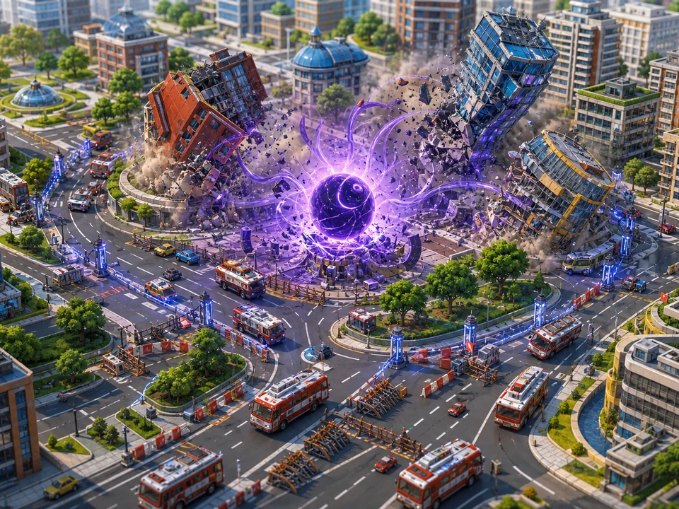 Action moment showing evacuation vehicles, defensive hazards, and collapsing structures resolving clearly in the same stylized miniature modern city with a glowing violet singularity creature, colorful towers, streets, parks, emergency vehicles, and dramatic daylight world, no text