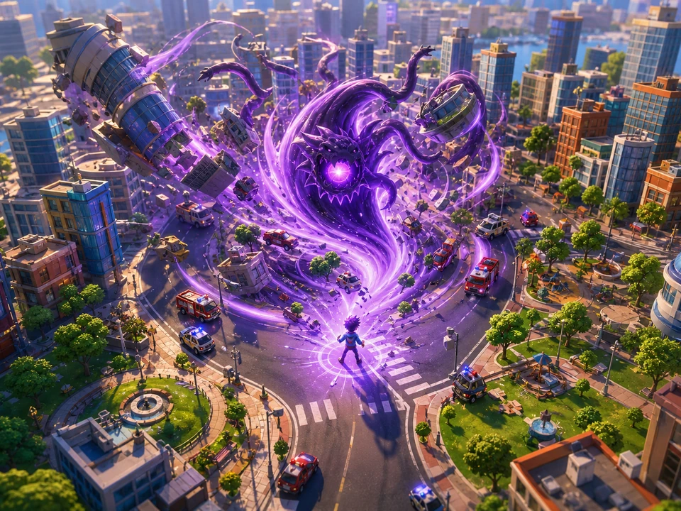 Hero moment where singularity size, target order, and city route choices escalates around the player in the same coherent world, no HUD