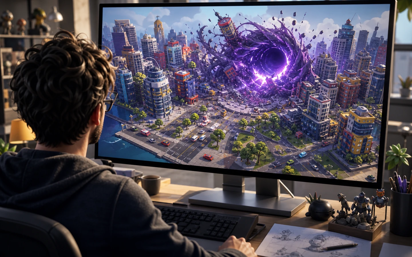Over-the-shoulder game creator reviewing the original Unity City Eater scene in a professional game workspace on a large monitor, scene viewport dominant, tool controls abstract and unreadable