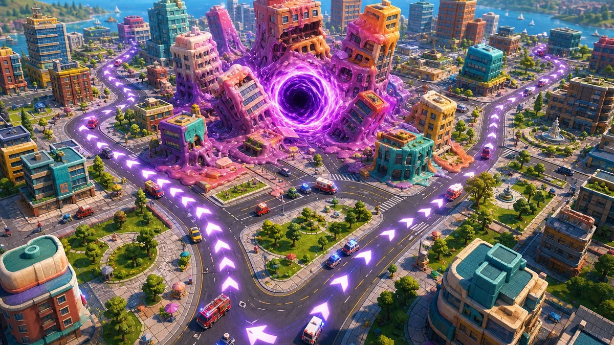 Clear playable layout showing growing singularity, edible buildings, roads, and escape lanes with readable spacing, camera, and route in the same world