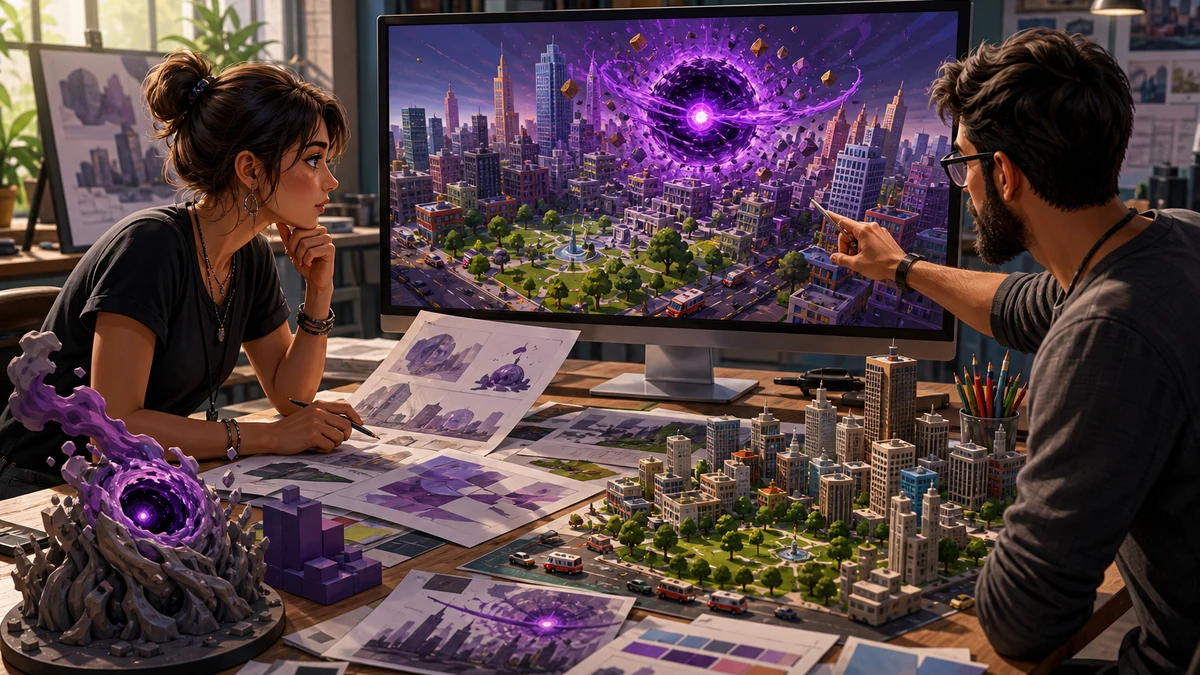 Two game creators reviewing physical design references and the original Unity City Eater scene on a monitor, no readable labels