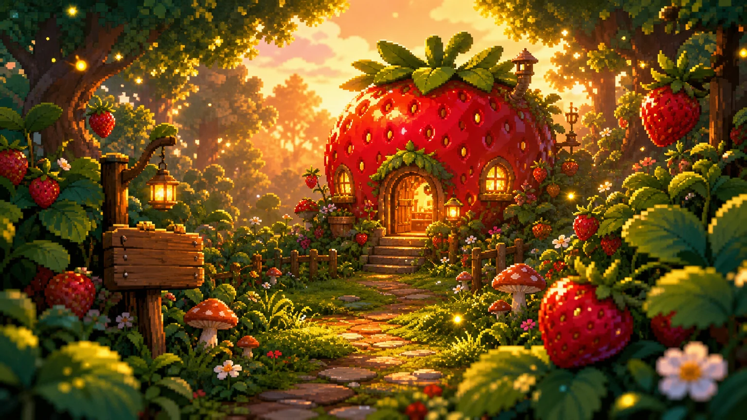 Pixel-art strawberry cottage in a warm grove used as visual direction for a cozy Unity exploration concept