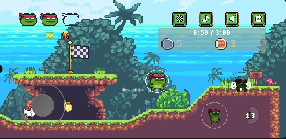 Froggy's Adventure Unity gameplay screenshot with a controllable frog, platforms, pickups, finish flag, timer, and collection counter