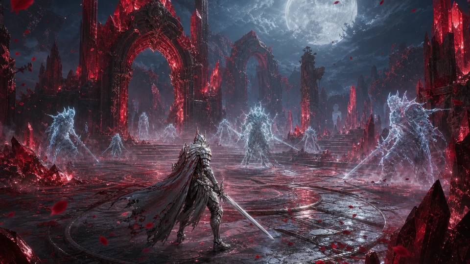 Physical in-world kit representing warrior silhouette, illusion enemies, crimson ruins, and safe combat lanes, arranged coherently in the same visual direction