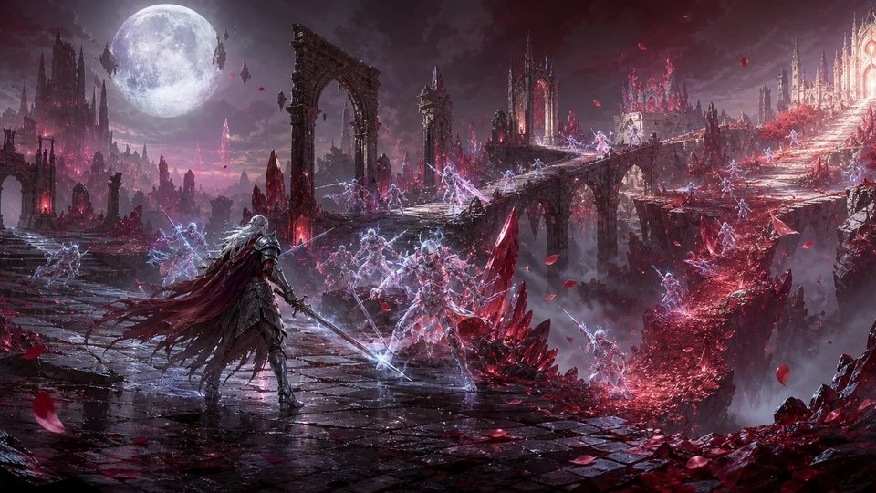 Wide final scene showing start, escalation, route choices, and finish for the Unity Crimson Illusion Battle prototype
