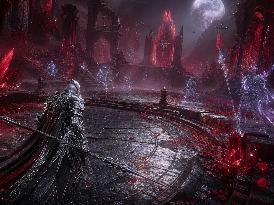Wide three-quarter 3D gameplay scene of warrior silhouette, illusion enemies, crimson ruins, and safe combat lanes in a coherent cinematic crimson fantasy realm with an original silver-armored warrior, translucent illusion enemies, red crystal ruins, drifting petals, and volumetric moonlight world, no interface