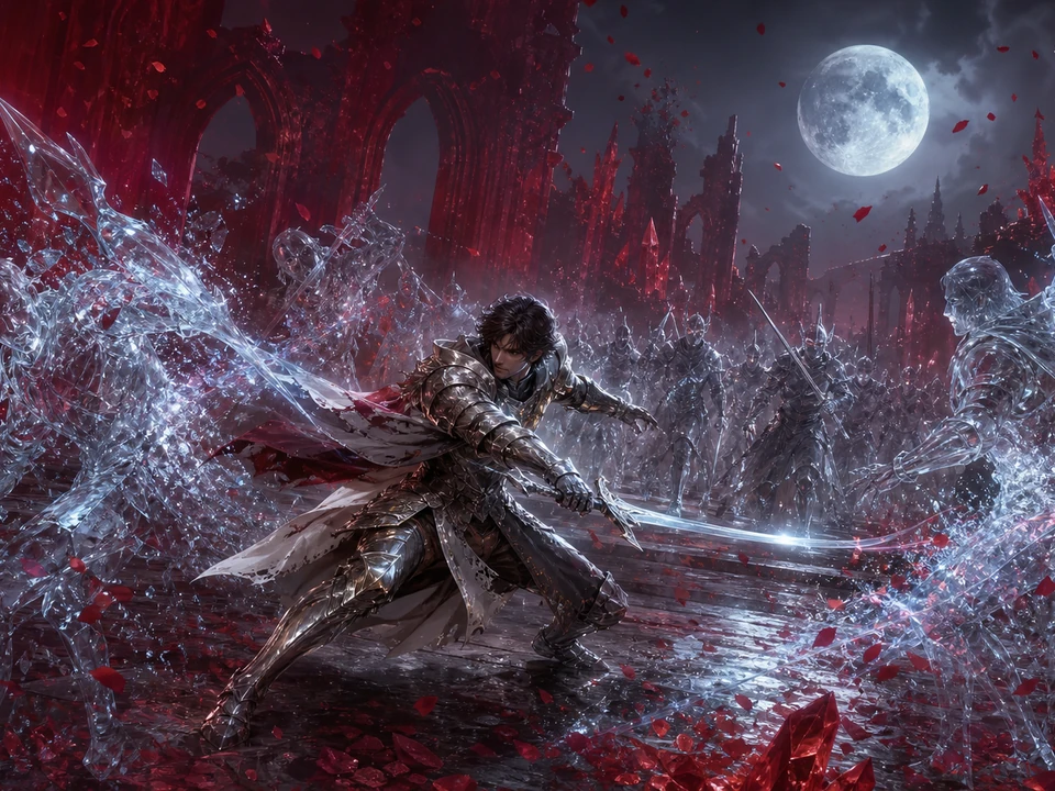 Action moment showing decoy attacks, dissolving enemies, and wave pressure resolving clearly in the same cinematic crimson fantasy realm with an original silver-armored warrior, translucent illusion enemies, red crystal ruins, drifting petals, and volumetric moonlight world, no text