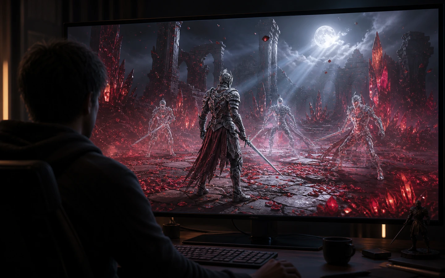 Over-the-shoulder game creator reviewing the original Unity Crimson Illusion Battle scene in a professional game workspace on a large monitor, scene viewport dominant, tool controls abstract and unreadable