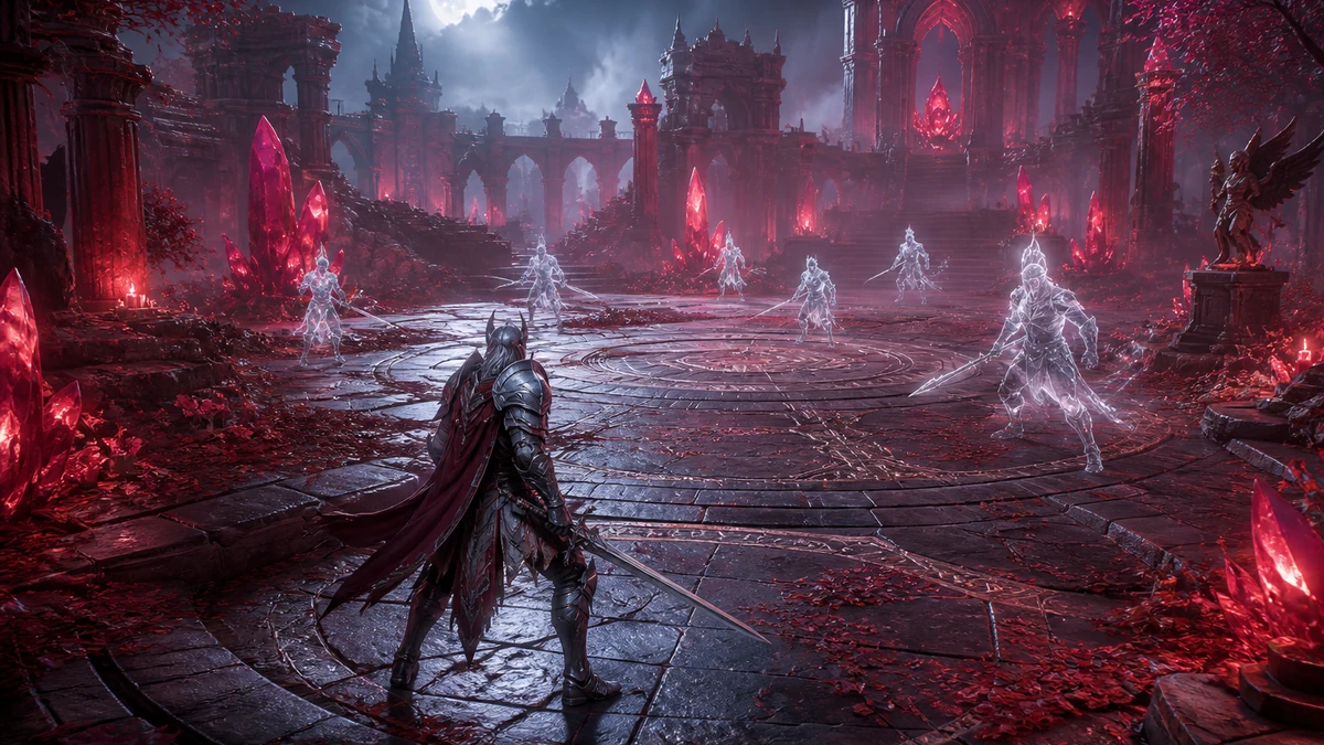 Clear playable layout showing warrior silhouette, illusion enemies, crimson ruins, and safe combat lanes with readable spacing, camera, and route in the same world