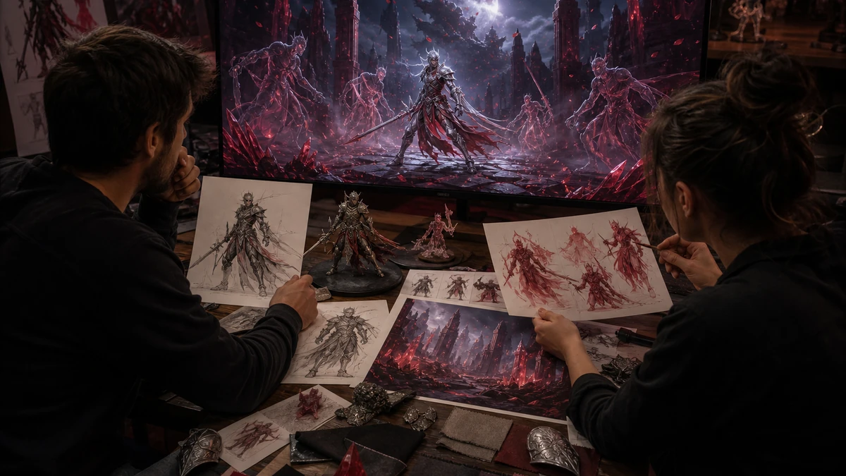 Two game creators reviewing physical design references and the original Unity Crimson Illusion Battle scene on a monitor, no readable labels