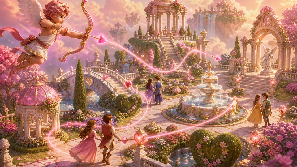 Physical in-world kit representing Cupid archer, moving character pairs, arrow paths, and garden landmarks, arranged coherently in the same visual direction