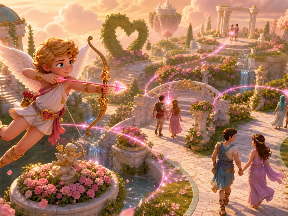 Wide three-quarter 3D gameplay scene of Cupid archer, moving character pairs, arrow paths, and garden landmarks in a coherent charming pastel mythic garden with an original winged Cupid archer, magical heart-tipped arrows, marble bridges, flowering trees, and warm golden clouds world, no interface