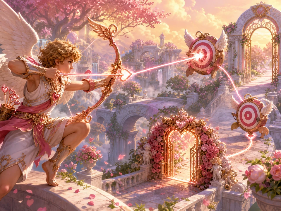 Action moment showing moving targets, timed openings, and magical link feedback resolving clearly in the same charming pastel mythic garden with an original winged Cupid archer, magical heart-tipped arrows, marble bridges, flowering trees, and warm golden clouds world, no text
