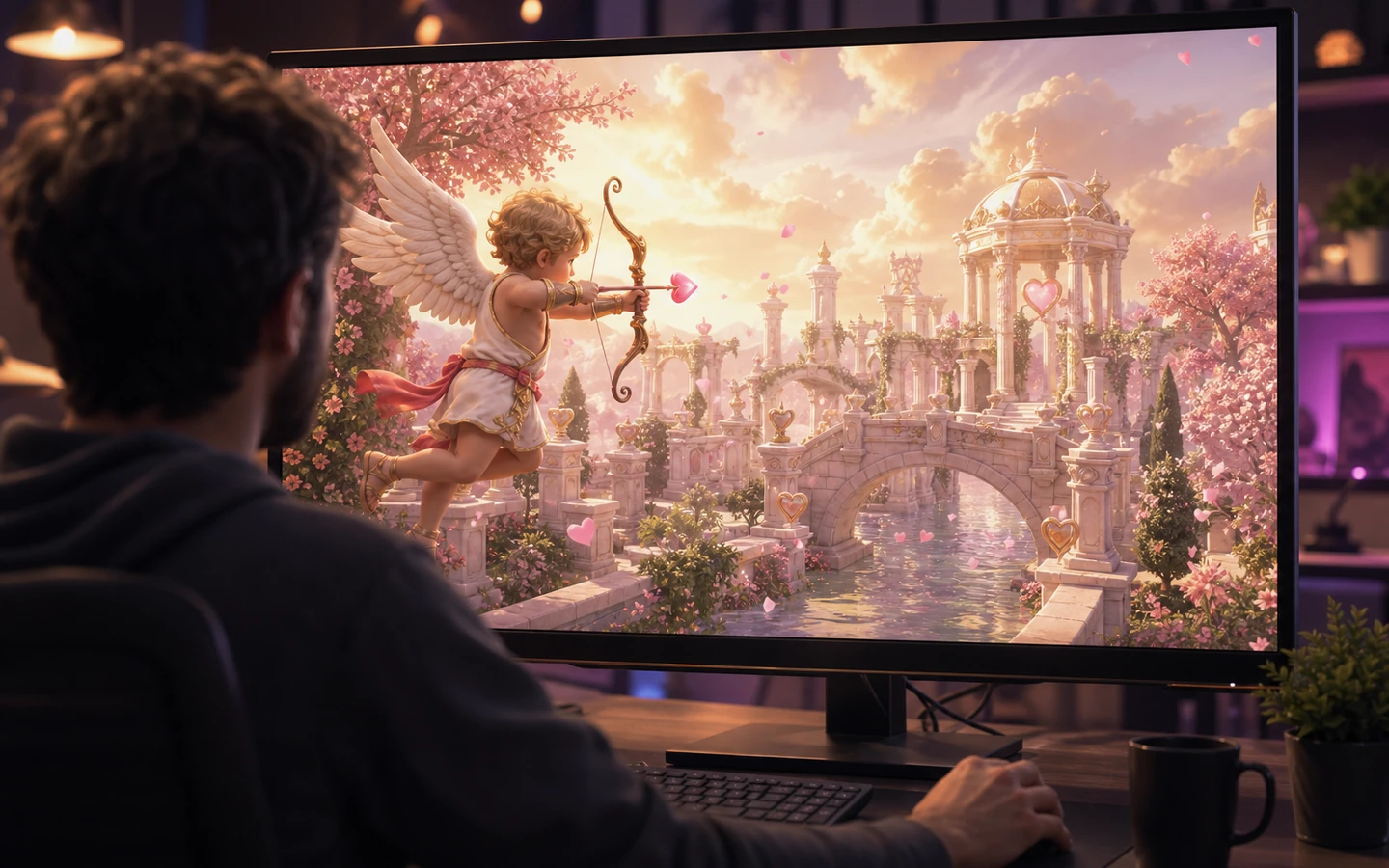 Over-the-shoulder game creator reviewing the original Unity Cupid's Arrow scene in a professional game workspace on a large monitor, scene viewport dominant, tool controls abstract and unreadable