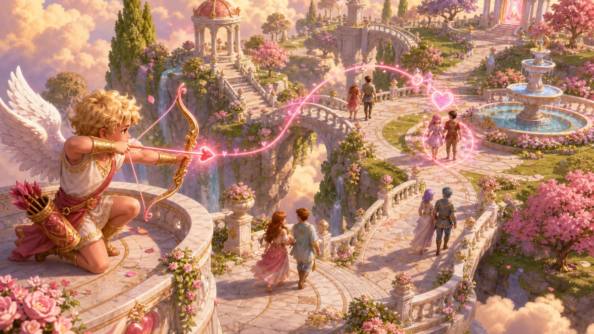 Clear playable layout showing Cupid archer, moving character pairs, arrow paths, and garden landmarks with readable spacing, camera, and route in the same world