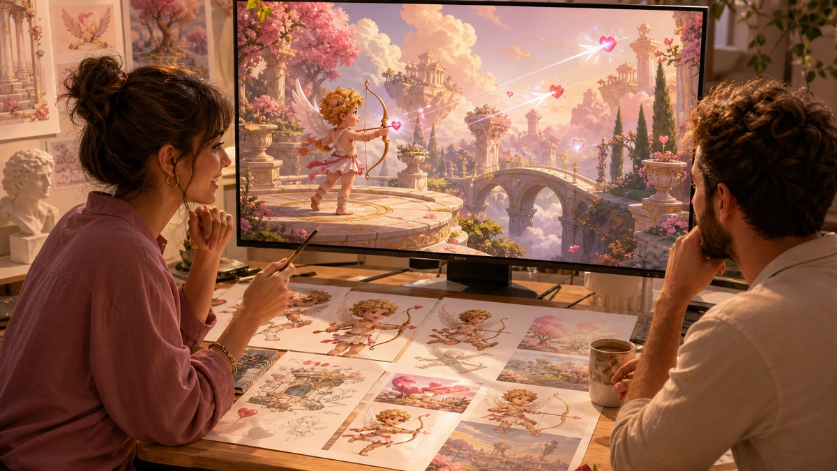 Two game creators reviewing physical design references and the original Unity Cupid's Arrow scene on a monitor, no readable labels